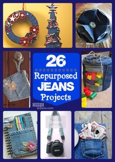 there are many crafts made from jeans and other items in this collage with the words, 26 repurposed jeans projects