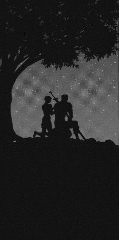 two people are sitting under a tree at night with the moon in the sky behind them