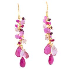 Pink Version: Gorgeous Burmese rubies mixed with gold filled tiny beads with rose quartz ruby and tourmaline pear drops. Blue Version: Kyanite, sapphires, and London blue topaz. Earrings measures: 1.85 inch Handcrafted in Mabel Chong's San Francisco studio Pink Ruby Dangle Jewelry, Pink Briolette Earrings With Natural Stones, Pink Drop Earrings With Gemstone Accents, Pink Briolette Ruby Jewelry, Pink Ruby Dangle Earrings, Pink Faceted Ruby Jewelry, Pink Natural Stone Drop Earrings, Pink Briolette Natural Stone Earrings, Pink Topaz Earrings