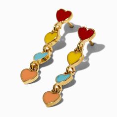 There is so much to love with these linear drop earrings! The 18K gold-plated earrings have a linear row of enamel hearts in rainbow colours. Finish: 18K gold plated Drop: 1 in. / 2.54 cm. Closure: Post back Material: Metal, Gold - Claire's 18K Gold Plated 1" Rainbow Enamel Heart Linear Drop Earrings Gold Enamel Heart Charm Earrings, Playful Gold Enamel Earrings, Gold Enamel Heart Earrings For Valentine's Day, Valentine's Day Gold Heart Enamel Earrings, Gold Enamel Earrings For Valentine's Day, Valentine's Day Enamel Dangle Earrings, Playful Gold Dangle Earrings, Playful Heart-shaped Gold Jewelry, Playful Gold Drop Earrings Jewelry