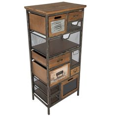 an old wooden shelf with drawers and baskets