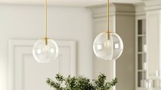 two clear glass globes hanging over a kitchen counter