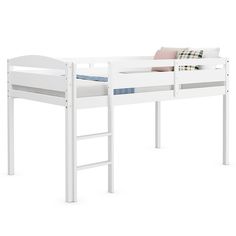 a white bunk bed with a ladder for the bottom and side rails on it, against a white background