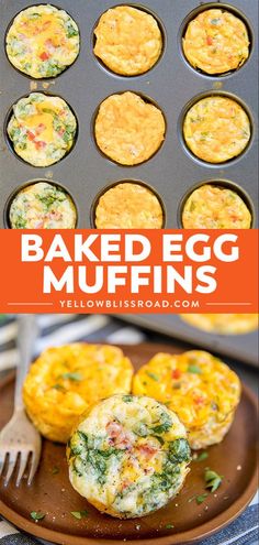 baked egg muffins on a plate with a fork and cupcake tin in the background