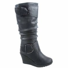 "Round toe design Zipper for closure Large buckle Finished with cushioned insole Faux Leather Heel Height: 3\" (approx) shaft length: 15\" (approx) top opening circumference: 14.5\" (approx) Color: Black.  Gender: female.  Age Group: adult." Womens Wedge Boots, Casual High Heels, Wedge Heel Boots, Top Moda, Fun Heels, Boot Shoes, Chunky Heels Boots, Faux Leather Heels, Fringe Boots