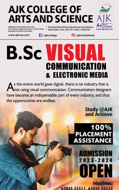 AJK College of Arts and Science (AJKCAS) is a NAAC A+ Accredited and ISO 21001:2018 certified new-age Co-educational Institution. It is recognized by UGC with 2(f) and 12(B) status and is affiliated to Bharathiar University, Coimbatore. Communication Degree, Communications Degree, Admission Open, Media Management, Electronic Media, Media Content, Visual Communication