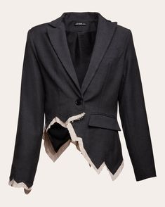 An avant-garde approach to suiting, the Alexandra blazer features ripped, raw-edge fabric along the handkerchief hem and sleeve cuff. Peaked lapels, darted seams and a single-breasted bodice give nod to traditional tailoring. Button closure Single-breasted Darted seams Peaked lapels Flap pocket Ripped handkerchief hem and cuff Self: 100% wool Lining: 100% acetate Dry clean Made in Hungary Size & Fit Garment measurements (size S): 24.4in long from high point of shoulder to hem Fits true to size. If you are in-between sizes, we recommend ordering one size up. Size XS = US 0 / UK 4 Size S = US 2-4 / UK 6-8 Size M = US 6 / UK 10 Size L = US 8-10 / UK 12-14 Size XL = US 12 / UK 16 Cropped Suit Jacket, Cropped Suit, Womens History Month, Handkerchief Hem, High Point, Upcycle Clothes, Coat Dress, Hungary, Flap Pocket