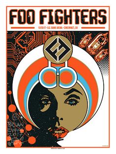 a poster for foo fighters with an image of a woman's face and the words foo