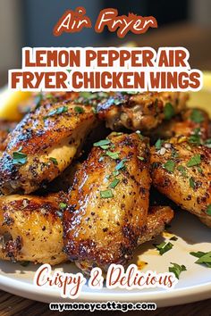 grilled lemon pepper air fryer chicken wings on a plate