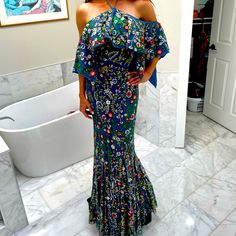 A Truly Unique Piece With Intricate Embroidery And Bead Work. Make A Dazzling Entrance, Perfect For Summer Celebrations Or All Year Round. Fitted Gown With Multicolor Embroidery, Blue Floral Embroidered Maxi Dress For Evening, Fitted Blue Maxi Dress With Floral Embroidery, Blue Bohemian Fitted Gown, Fitted Embroidered Blue Maxi Dress, Fitted Bohemian Blue Gown, Blue Fitted Maxi Dress With Embroidery, Blue Maxi Gown With Floral Embroidery, Fitted Floor-length Gown With Multicolor Embroidery