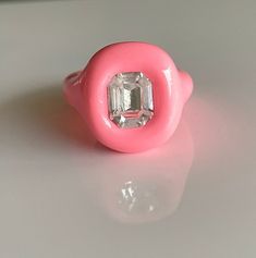 Gemstone Enamel Ring, Glass Ring, Luxury Collectible Enamel Ring, Fine Jewelry Pink Enamel Ring, Luxury Pink Enamel Ring, Pink Resin Ring Jewelry, Contemporary Jewelry Rings, Neon Coral, Indie Jewelry