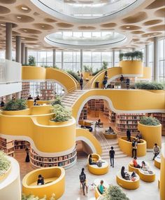 the interior of a library with yellow bookshelves and planters on each floor