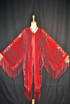 Art Classic Red Black Burnout Velvet Kimono Fringe Jacket Coat Kimono Stunning Velvet Kimono, Fringe Kimono, Burnout Velvet, Awesome Outfits, Long Fringes, Fringe Jacket, Kimono Jacket, Dress Picture, Ladies Fashion