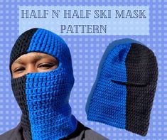 a man wearing a blue and black knitted mask with the words half n half ski mask pattern