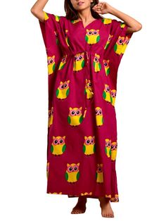 magenta-owl-long-kaftan-10921032RD, Women Clothing, Cotton Kaftan, Magenta Owl Print Long Kaftan Long Kaftan, Owl Print, Kaftan Dress, Dress Cover, Best Wear, Fabric Cotton, A Dress, Color Combinations, Night Out