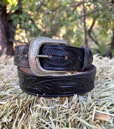 "Handmade Leather Belt, with a western tooled touch to it.  Belts are 1.5\" Wide. Authentic Leather" Western Black Belt Buckles For Rodeo, Western Style Black Belt For Western-themed Events, Black Concho Belt Buckles For Ranch, Black Concho Belt Buckles, Western Style Black Belt For Ranch, Black Hand Tooled Western Belt Buckles, Southwestern Hand Tooled Leather Belt Buckles, Black Hand Tooled Leather Belt Buckles, Black Leather Hand Tooled Belt Buckles