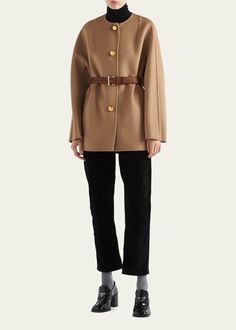 Prada Double Wool Leather Belted Caban Jacket - Bergdorf Goodman Bergdorf Goodman, Logo Print, Leather Belt, Calf Skin, Prada, Tops Designs, Loose Fitting, In Italy, Dry Clean