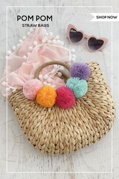 Straw Bags with colorful pom poms are a cute beach or poolside accessory.  Give them as gifts for your bridesmaids by filling each with some cute things such as heart sunnies, swimsuit cover and more! Trendy Beach Straw Bag With Tassels, Trendy Beach Bag With Tassels, Trendy Tassel Beach Bag, Trendy Summer Beach Bag With Tassels, Spring Beach Bag With Tassels, Multicolor Straw Bag For Summer Gift, Summer Beach Bag With Tassels, Multicolor Summer Straw Bag Gift, Multicolor Beach Bag With Tassels