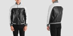 Fitted Varsity Jacket For Workwear, Sporty Leather Jacket With Ribbed Cuffs, Sporty Leather Jacket With Baseball Collar For Streetwear, Sporty Leather Jacket With Baseball Collar For Winter, White Varsity Outerwear With Contrast Color, White Varsity Jacket With Contrast Color For Streetwear, Fitted Varsity Leather Jacket For College, Spring Sporty Varsity Jacket, Sporty Leather Biker Jacket