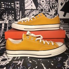 New With Box Best Offer Style: 162063c Color: Sunflower / Egret / Black Size: M 13 / W 15 / Uk 13 / Eu 48 / 31.5 Cm Features Heavy-Grade Canvas Upper, White Laces, Removable Ortholite Cushioned Insole And Vulcanized Rubber Sole Not Actual Item Pictured But You’ll Receive One In The Same Condition Ships Double-Boxed Thanks For Viewing! Mustard Converse Lace-up Sneakers, Mustard Converse Sneakers For Streetwear, Converse Mustard Sneakers With Round Toe, Mustard Converse Sneakers With Round Toe, Retro Yellow Sneakers With Vulcanized Sole, Vintage Yellow Sneakers For Streetwear, Mustard Low-top Sneakers For Spring, Retro Yellow Sneakers For Summer, Retro Mustard Low-top Sneakers