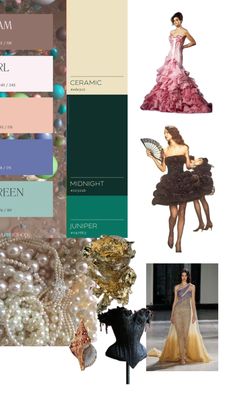 the collage shows different types of dresses and accessories, including pearls, beads, necklaces, and jewelry