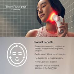 TheraFace PRO is your all-in-one skin care tool for optimizing self-care and facial health. The TheraFace PRO features facial percussive therapy capable of relaxing muscles and jaw tension, light therapy to reduce eye wrinkles and to help remove acne, and a revolutionary new way to deeply cleanse the face. It features more science-backed therapies than any other facial wellness device. TheraFace PRO skin-toning microcurrent and light therapies have redefined what a deep-facial cleaning tool shou Light Therapy For Skin, For Skin Tightening, Back Facial, Face Sculpting, Moderate Acne, Facial Therapy, Blue Light Therapy, Facial Kit, Facial Devices