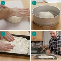 four pictures showing how to make bread dough