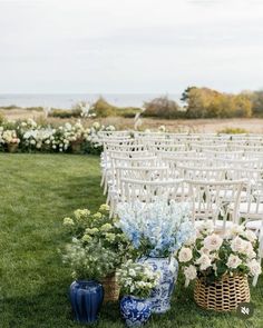 rows of white chairs with blue vases filled with flowers on the grass in front of them