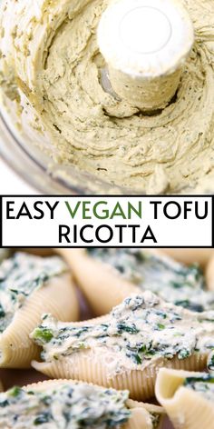 an easy vegan tofu ricotta recipe in a food processor with text overlay