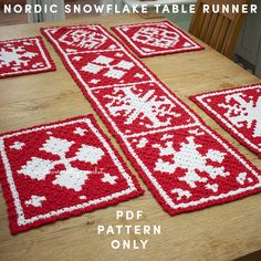 four crocheted snowflake table runner patterns on a wooden table with text overlay that says, nordic snowflake table runner pattern