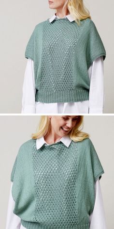 two photos of a woman wearing a green sweater and white shirt, both showing the same pattern