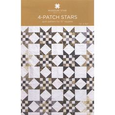 the four patch stars quilt pattern is shown in black and white, with gold accents