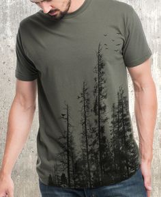 Men's Pine Tree Forest T-Shirt - Screen Printed Men's T-Shirt - American Apparel Nature-inspired Green Cotton T-shirt, Green Nature-inspired Cotton T-shirt, Green Nature-inspired Crew Neck T-shirt, Green Cotton Nature-inspired T-shirt, Nature-inspired Relaxed Fit Short Sleeve T-shirt, Relaxed Fit Nature-inspired Short Sleeve T-shirt, Nature-inspired Crew Neck Tops With Screen Print, Nature-inspired Cotton T-shirt With Screen Print, Pine Tree Forest