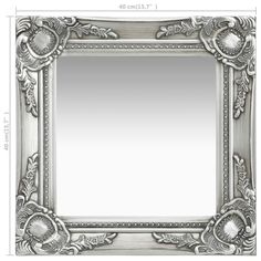 an ornate silver framed mirror with leaves and flowers on the frame, measurements for each piece