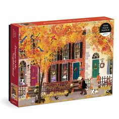 a puzzle box with an image of a woman walking her dog in front of a house