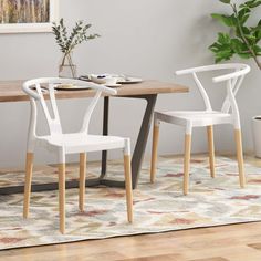 a dining room table with two chairs and a potted plant on the floor next to it