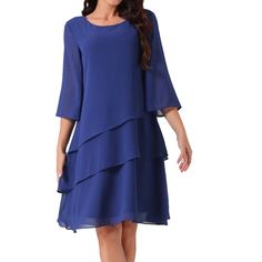 This elegant chiffon dress features a lightweight, 100% polyester fabrication that ensures comfort throughout the day. Designed with a round neckline and semi-sheer 3/4 bell sleeves, the dress offers a chic and modern look. The layered tiered hem adds a touch of sophistication, making it perfect for both casual and formal occasions. The invisible side zipper and lined interior provide a seamless and flattering fit. Whether you're heading to a casual outing or a special event, this asymmetrical tiered chiffon midi dress is a versatile addition to your wardrobe. Its understated design allows for easy accessorizing, making it suitable for various settings such as shopping, dating, office work, parties, and more. Enjoy the perfect blend of style and comfort with this fashionable dress, ideal f Asymmetrical Tiered Dress, Dress Dark Blue, Mother Of Bride Outfits, Chiffon Midi Dress, Party Skirt, Cocktail Evening Dresses, Tiered Midi Dress, Pleated Midi Dress, Tiered Dress