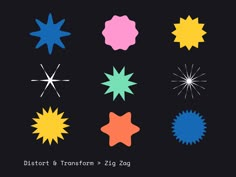 different shapes and sizes of starbursts on a black background with the text, district & transform - zigg