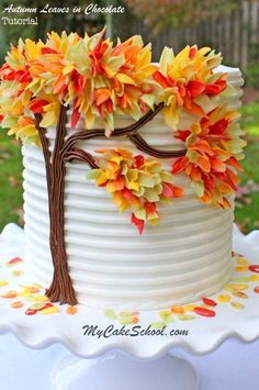 a white cake with orange and yellow leaves on it