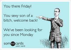 You there Friday! You sexy son of a bitch, welcome back! We've been looking for you since Monday. Its Friday Quotes, Friday Feeling, E Card, Ecards Funny, Work Humor, Tgif, Bones Funny