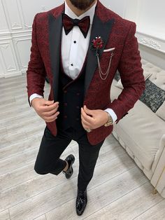 Patterned Tuxedo, Red Prom Suit, Red Tux, Slim Fit Groom Suit, Dark Red Suit, Black And Red Suit, Mens Wedding Suits, Tuxedo Colors, Red Tuxedo