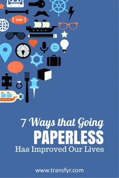 a blue background with the words 7 ways that going paperless has improve our lives