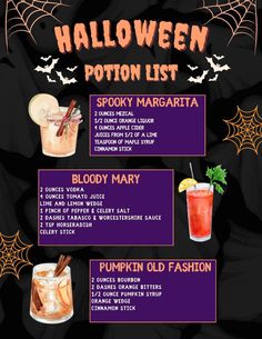 a halloween menu with drinks and decorations