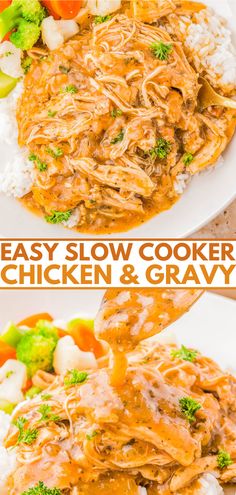 easy slow cooker chicken and gravy recipe with broccoli, carrots, celery on top