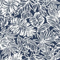 a blue and white floral pattern on a dark background, with leaves in the foreground