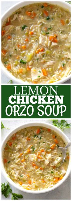 two pictures of chicken orzo soup with carrots, celery and parsley