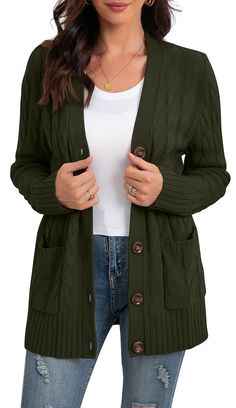 PRICES MAY VARY. US SIZE:Small=(US 4-6),Medium=(US 8-10),Large=(US 12-14),X-Large=(US 16-18),XX-Large=(US 20-22) Features : knit cardigan sweater for women,winter chunky cardigan sweater,maternity sweater cardigan,long sleeve,elastic ribbed cuffs,cable knit detailed,open front,button closure design,below hip length,ribbed hem,basic,boyfriend cardigan sweater,loose,Stylish. Occasion:casual,party,home,office,dating,shopping,vacation,school,walking,picnic,These button cardigans will be a must-have Green Button Sweater For Fall, Green Sweater With Button Closure For Fall, Green Buttoned Sweater For Fall, Green Button Closure Sweater For Fall, Green Fall Sweater With Button Closure, Fall Green Sweater With Buttons, Long Sleeve Sweater With Buttoned Pockets For Fall, Fall Long Sleeve Cardigan With Buttoned Pockets, Long Sleeve Sweater With Snap Buttons For Fall