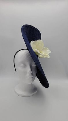 Magnolia Elegant Navy Fascinator Kentucky Derby Hat | Etsy Navy Curved Brim Formal Hat, Navy Formal Hat With Curved Brim, Elegant Navy Hat For Evening, Elegant Navy Wide Brim Hat, Fitted Navy Hat For Kentucky Derby, Elegant Navy Hats With Curved Brim, Elegant Navy Hat With Curved Brim, Classic Spring Fascinator For Formal Occasions, Formal Fascinator Hat With Handmade Flowers