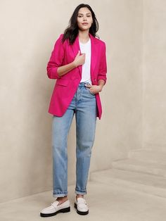 Linen-Blend Long and Lean Blazer | Banana Republic Factory Modern Single Button Blazer For Spring, Fall Formal Relaxed Fit Blazer, Fall Formal Blazer With Relaxed Fit, Relaxed Fit Formal Blazer For Fall, Versatile Spring Blazer With Pockets, Versatile Long Sleeve Spring Blazer, Spring Versatile Fitted Blazer, Versatile Long Sleeve Blazer For Spring, Spring Fitted Versatile Blazer