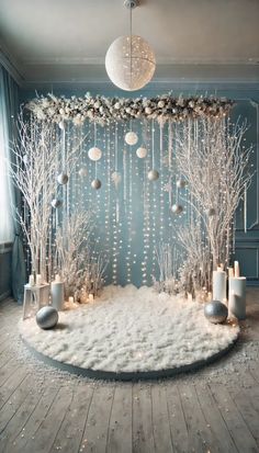 a room decorated with candles and christmas decorations